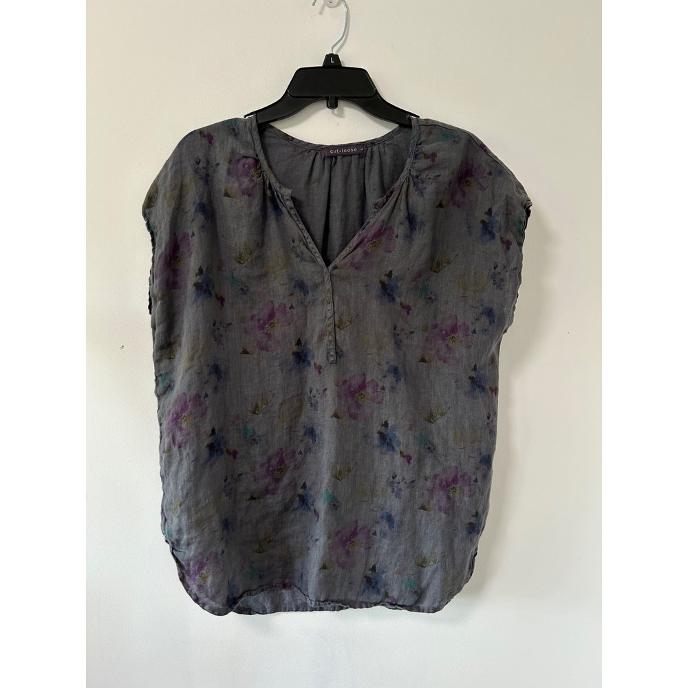 Cut Loose Linen Floral Split Neck Top Womens Large Gray Lagenlook 4535913
